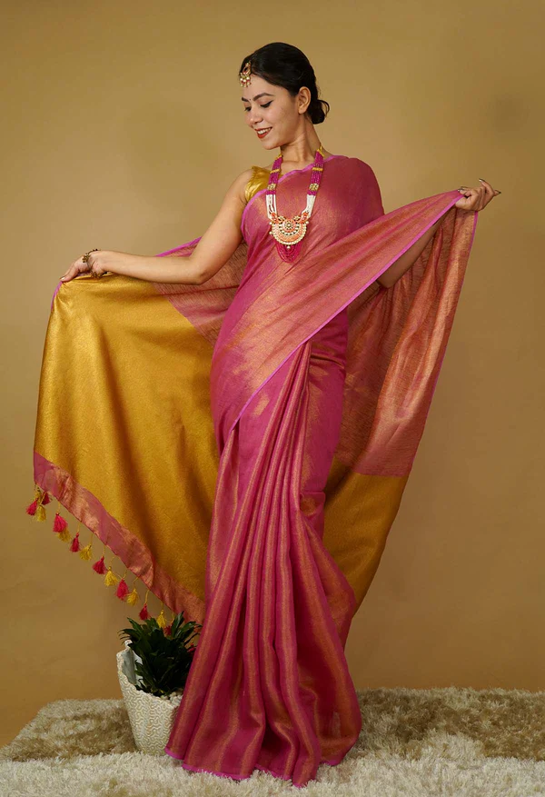 Pink Gold Copper Handloom Saree